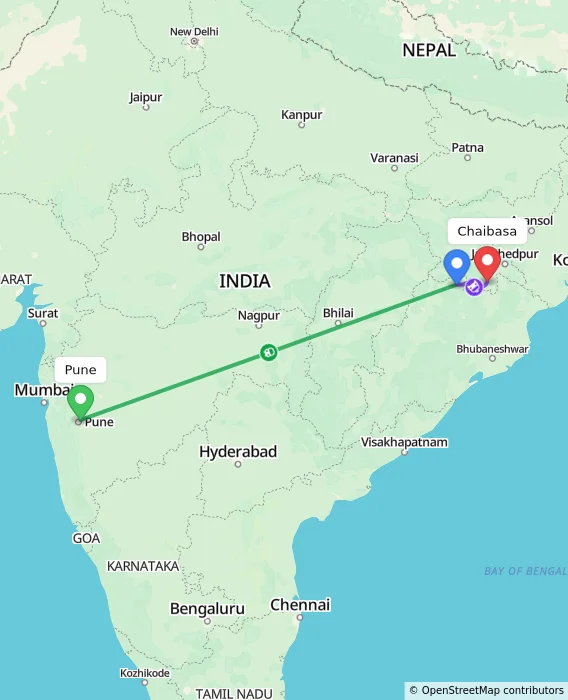 Route map showing distance and travel time from Pune, India to Chaibasa, India