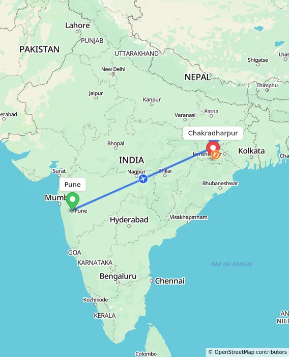 Route map showing distance and travel time from Pune, India to Chakradharpur, India