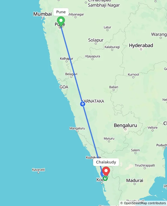 Route map showing distance and travel time from Pune, India to Chalakudy, India