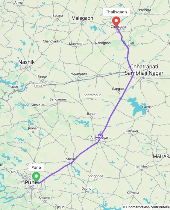 Route map showing distance and travel time from Pune, India to Chalisgaon, India