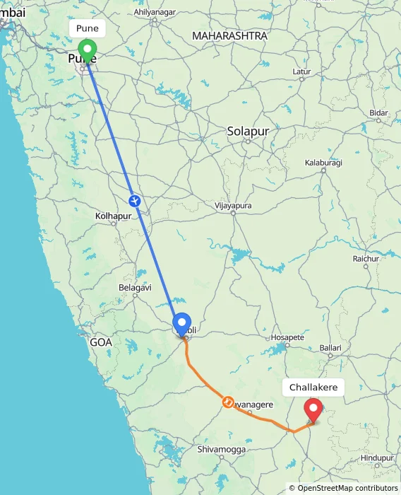 Route map showing distance and travel time from Pune, India to Challakere, India