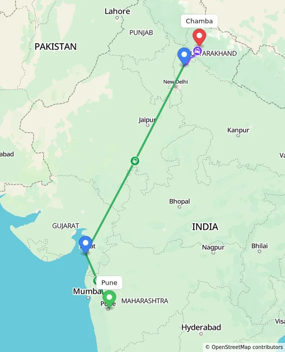 Route map showing distance and travel time from Pune, India to Chamba, India