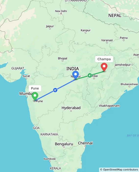 Route map showing distance and travel time from Pune, India to Champa, India
