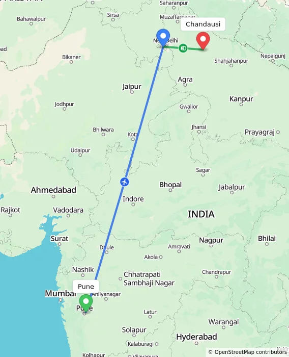 Route map showing distance and travel time from Pune, India to Chandausi, India
