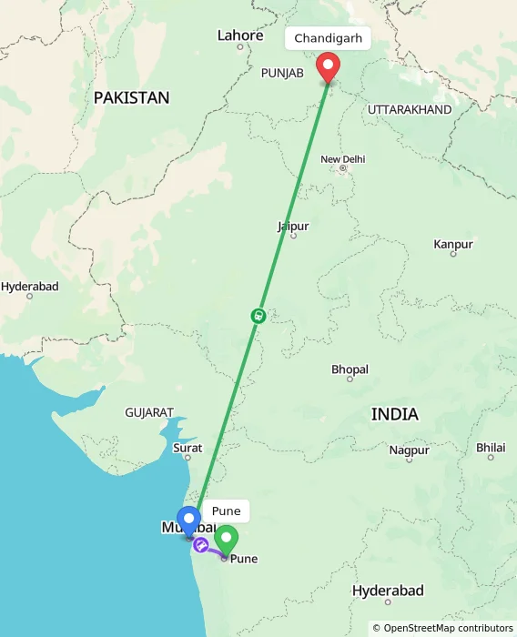 Route map showing distance and travel time from Pune, India to Chandigarh, India