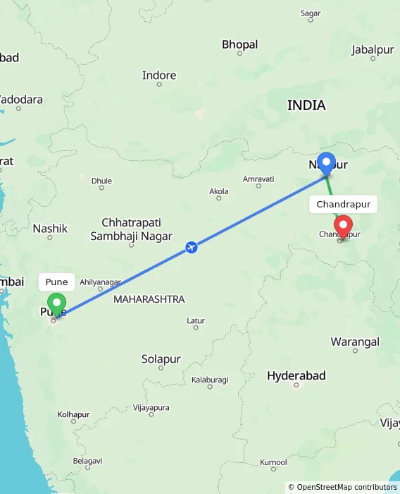Route map showing distance and travel time from Pune, India to Chandrapur, India