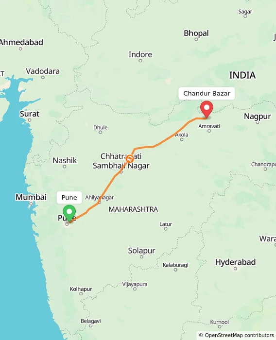 Route map showing distance and travel time from Pune, India to Chandur Bazar, India