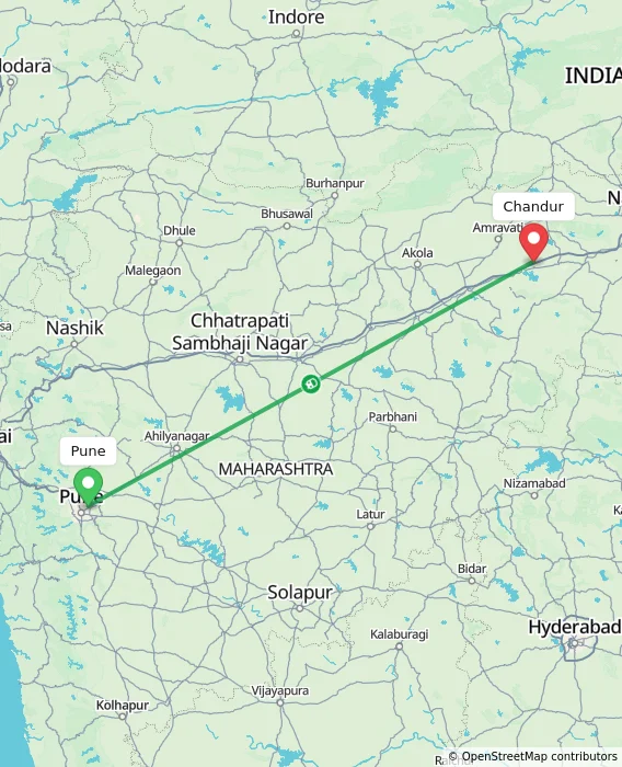 Route map showing distance and travel time from Pune, India to Chandur, India