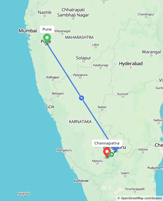 Route map showing distance and travel time from Pune, India to Channapatna, India