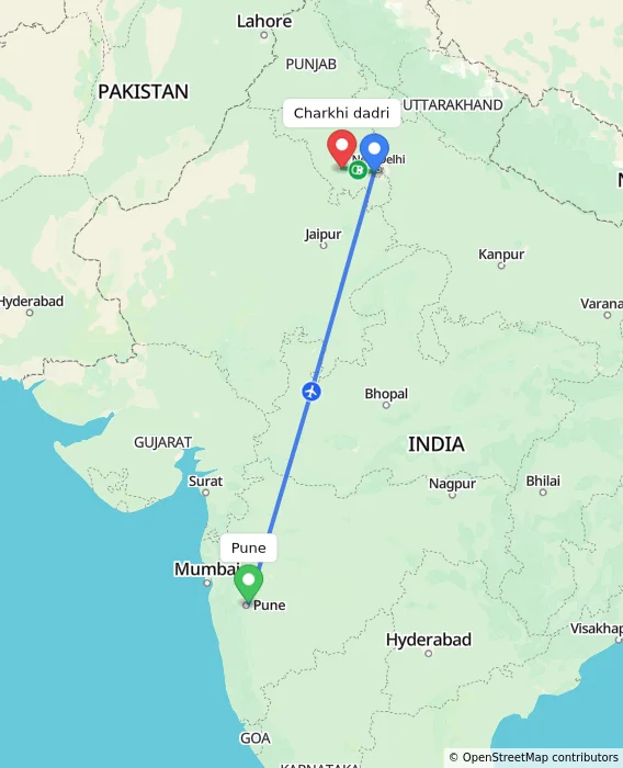 Route map showing distance and travel time from Pune, India to Charkhi dadri, India