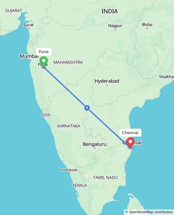 Route map showing distance and travel time from Pune, India to Chennai, India