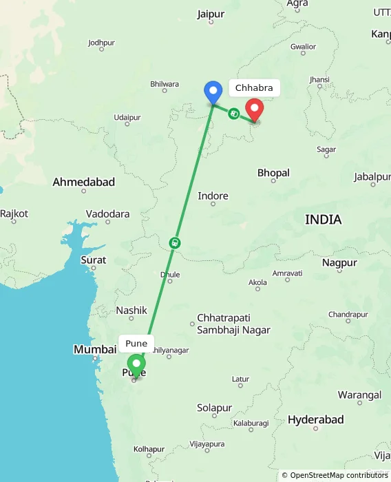 Route map showing distance and travel time from Pune, India to Chhabra, India