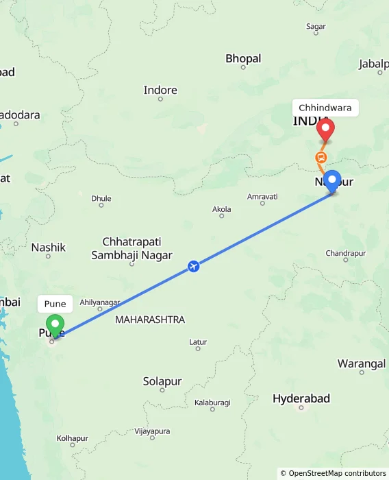 Route map showing distance and travel time from Pune, India to Chhindwara, India