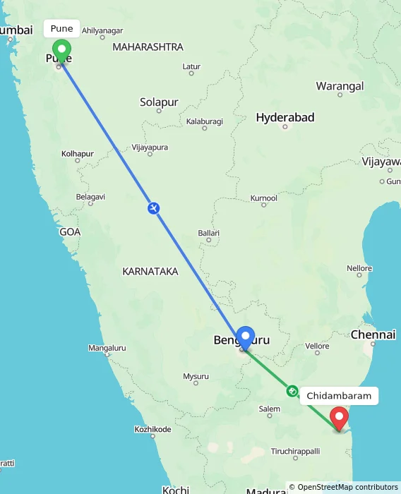 Route map showing distance and travel time from Pune, India to Chidambaram, India