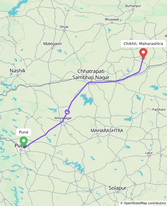 Route map showing distance and travel time from Pune, India to Chikhli, Maharashtra, India