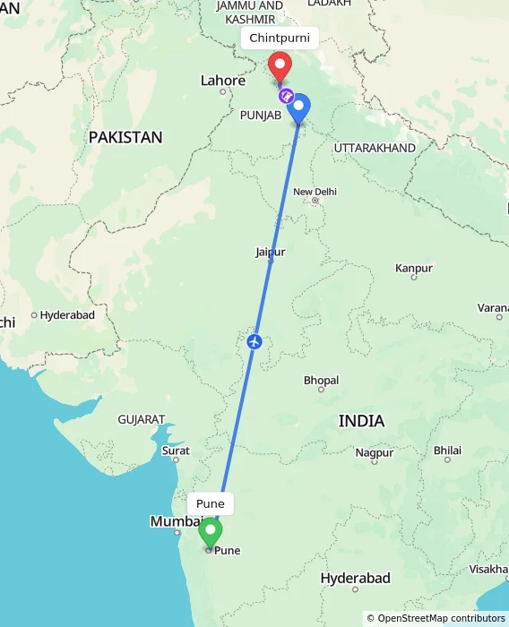 Route map showing distance and travel time from Pune, India to Chintpurni, India