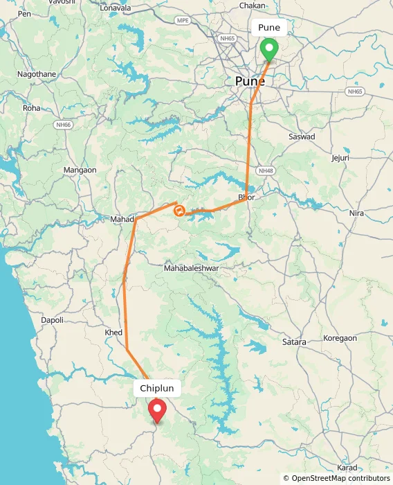 Route map showing distance and travel time from Pune, India to Chiplun, India