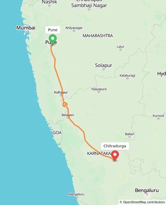 Route map showing distance and travel time from Pune, India to Chitradurga, India