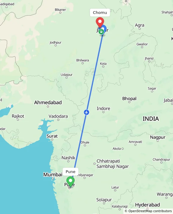 Route map showing distance and travel time from Pune, India to Chomu, India