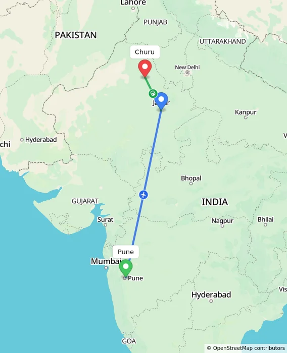 Route map showing distance and travel time from Pune, India to Churu, India