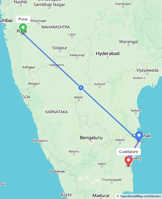 Route map showing distance and travel time from Pune, India to Cuddalore, India