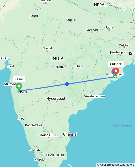 Route map showing distance and travel time from Pune, India to Cuttack, India