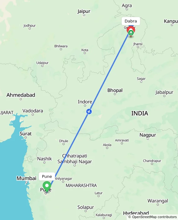 Route map showing distance and travel time from Pune, India to Dabra, India