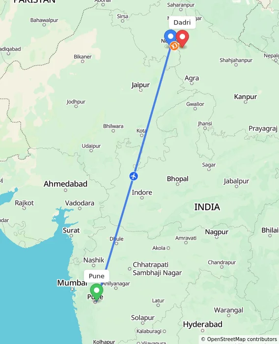 Route map showing distance and travel time from Pune, India to Dadri, India