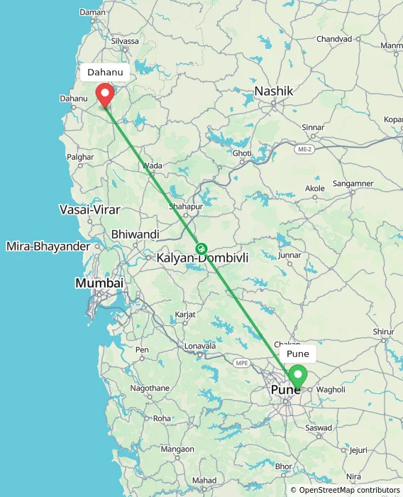 Route map showing distance and travel time from Pune, India to Dahanu, India