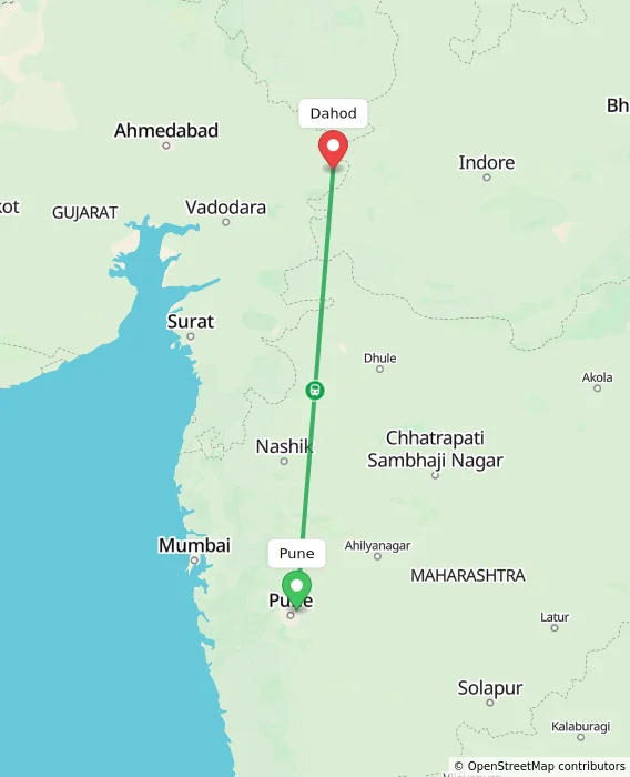Route map showing distance and travel time from Pune, India to Dahod, India