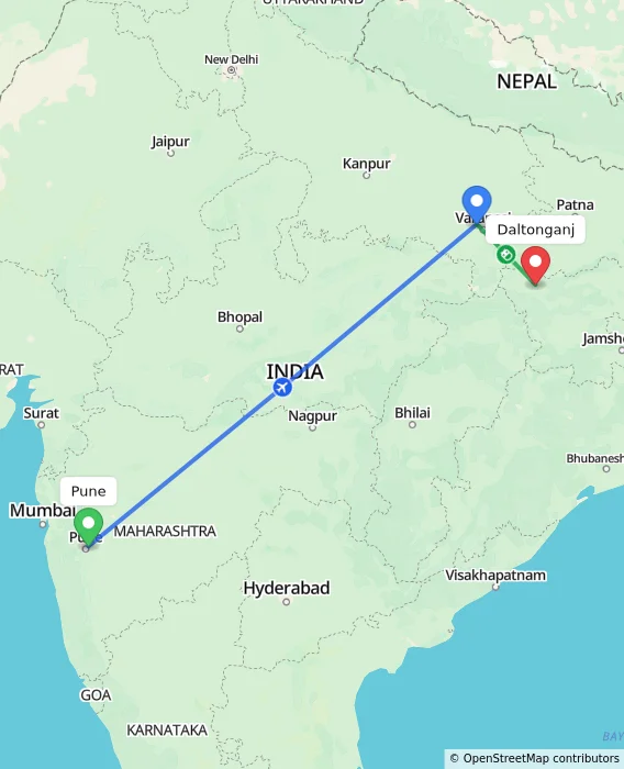 Route map showing distance and travel time from Pune, India to Daltonganj, India