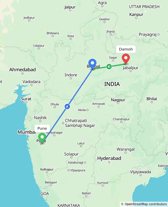 Route map showing distance and travel time from Pune, India to Damoh, India
