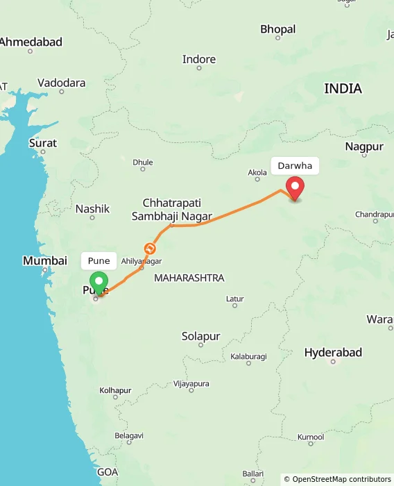 Route map showing distance and travel time from Pune, India to Darwha, India