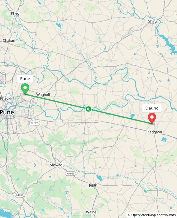 Route map showing distance and travel time from Pune, India to Daund, India