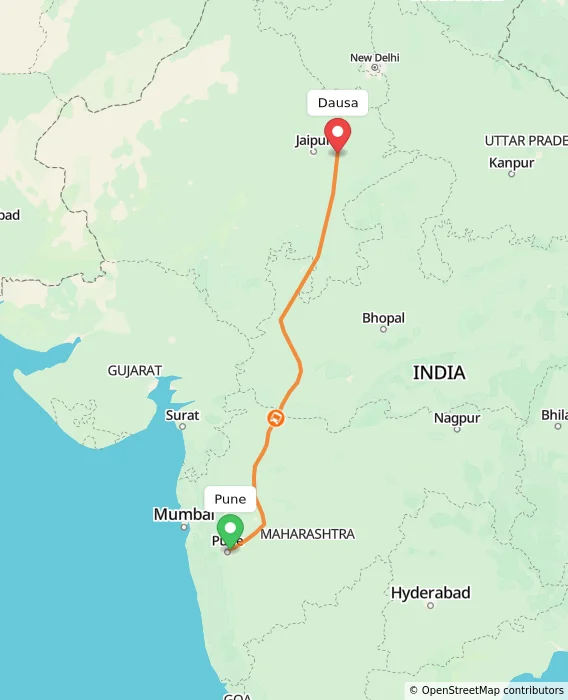 Route map showing distance and travel time from Pune, India to Dausa, India