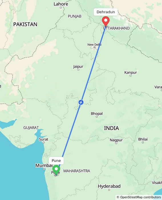 Route map showing distance and travel time from Pune, India to Dehradun, India
