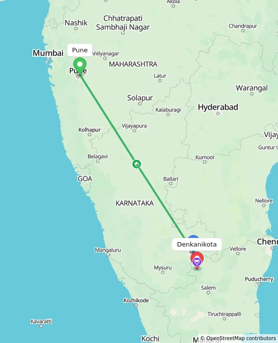 Route map showing distance and travel time from Pune, India to Denkanikota, India