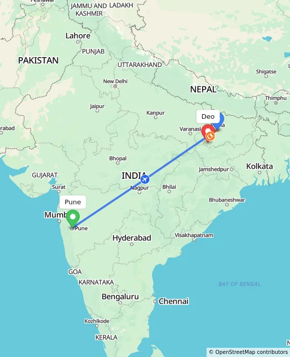 Route map showing distance and travel time from Pune, India to Deo, India