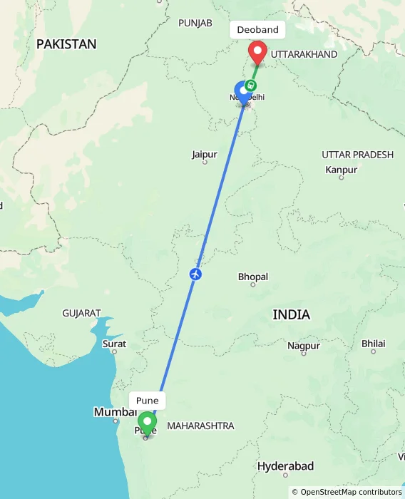 Route map showing distance and travel time from Pune, India to Deoband, India