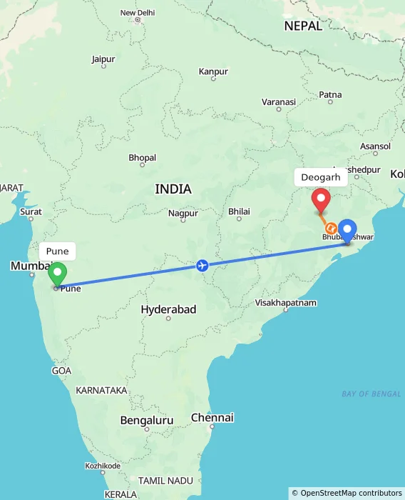 Route map showing distance and travel time from Pune, India to Deogarh, India