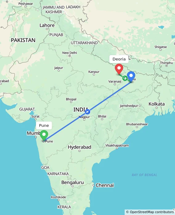 Route map showing distance and travel time from Pune, India to Deoria, India