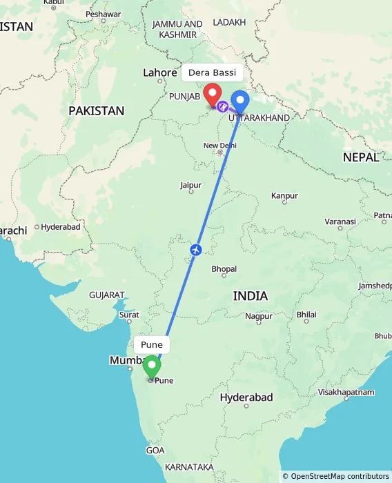 Route map showing distance and travel time from Pune, India to Dera Bassi, India