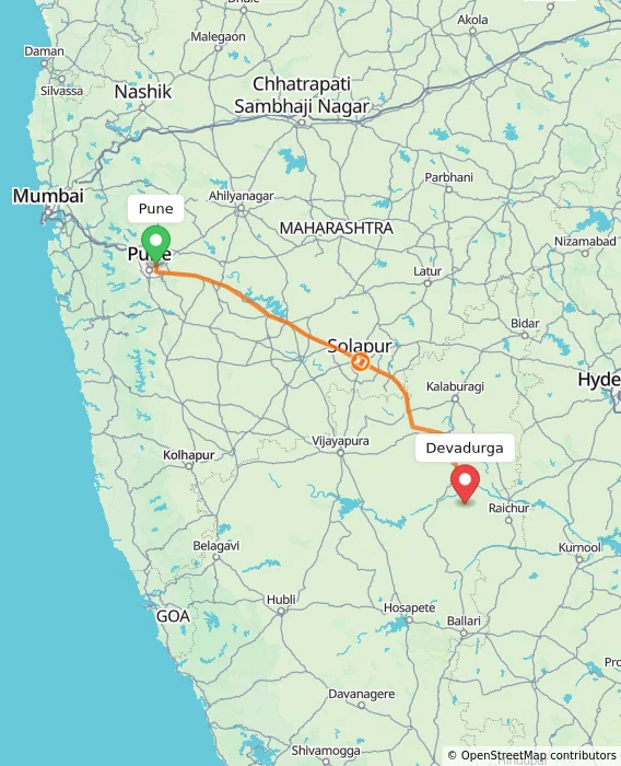 Route map showing distance and travel time from Pune, India to Devadurga, India