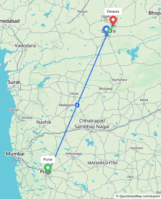Route map showing distance and travel time from Pune, India to Dewas, India