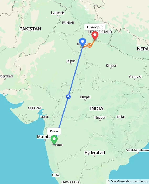 Route map showing distance and travel time from Pune, India to Dhampur, India