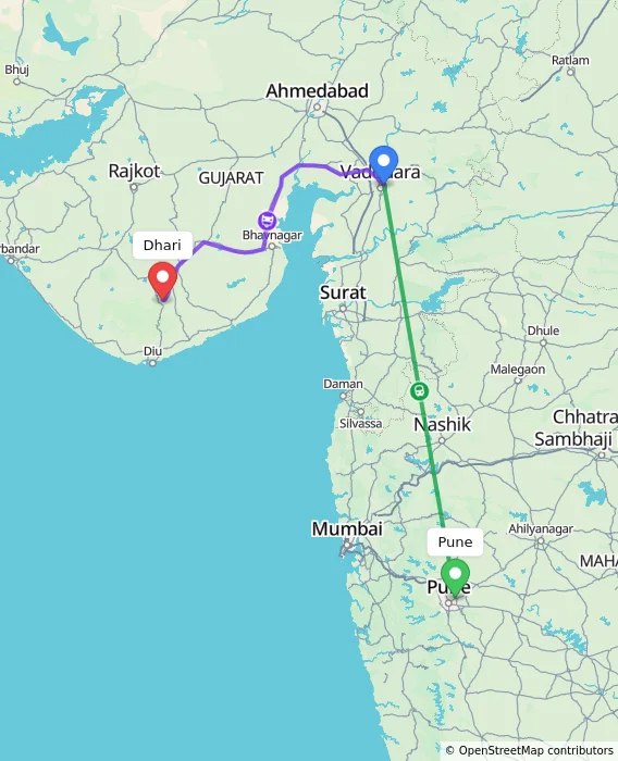 Route map showing distance and travel time from Pune, India to Dhari, India
