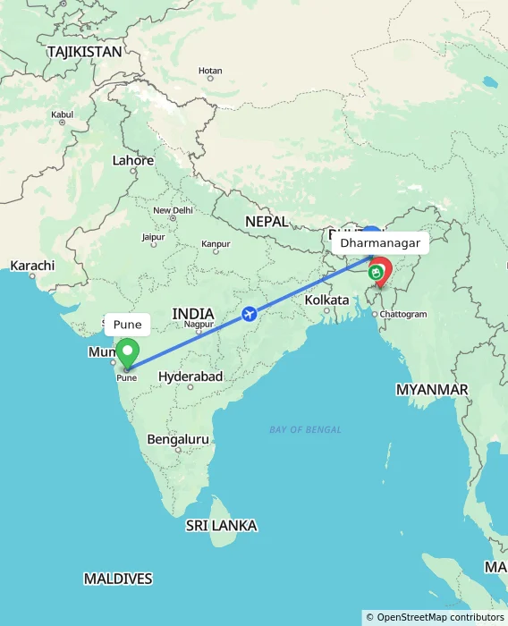 Route map showing distance and travel time from Pune, India to Dharmanagar, India