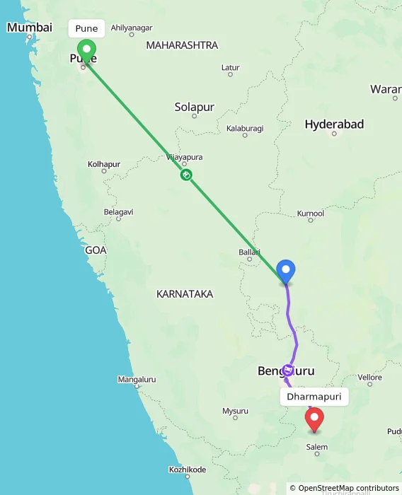 Route map showing distance and travel time from Pune, India to Dharmapuri, India