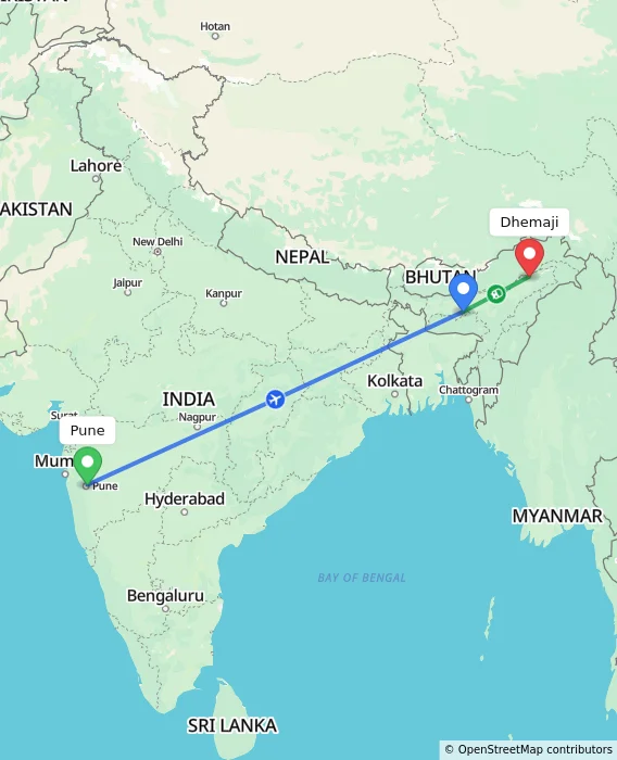 Route map showing distance and travel time from Pune, India to Dhemaji, India