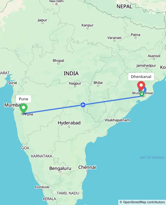 Route map showing distance and travel time from Pune, India to Dhenkanal, India